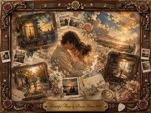 A tender couple embraces at the heart of a nostalgic memory collage, surrounded by faded photographs, handwritten notes, roses, and warmly lit domestic scenes. Golden sunset light, muted creams, dusty blues, and rich rosewood create a romantic, wistful mood. Painterly textures, ornate gold details, guitar strings, and an engraved title plate complete the composition.