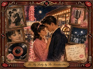 A tender 1960s couple embraces beneath glowing theater lights on a rain-slicked city street, surrounded by faded romantic photographs, roses, a jukebox, vintage microphone, handwritten note, and 45 RPM record. Warm pinks, amber golds, deep reds, and soft shadows create nostalgic intimacy in a richly textured painted collage framed with musical ornamentation.