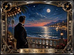A tuxedoed crooner gazes across a moonlit sea toward a distant woman and glowing coastal town, creating a romantic sense of longing and reunion. Deep blues, silver reflections, coral sunset tones, and warm golden lights enrich the painterly scene, framed by ornate chrome, piano keys, records, microphones, and musical flourishes.