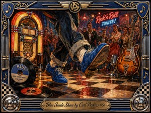 A lively oil-painted 1950s dance hall centers on vivid blue suede shoes kicking across a glossy checkerboard floor. A glowing jukebox, electric guitar, microphone, vinyl records, neon signs, and cheering dancers fill the warm, energetic scene. Rich reds, blues, golds, and chrome highlights enhance the nostalgic rockabilly atmosphere.