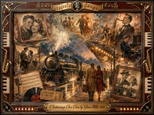 A gleaming 1941 steam train anchors a nostalgic station scene, surrounded by dancing couples, musicians, framed romances, sheet music, and vintage recording details. Warm amber, sepia, deep blue, and brass tones glow beneath theatrical lights. Painterly textures, swirling musical lines, rosewood framing, and lively reflections evoke romance, travel, and big-band excitement.