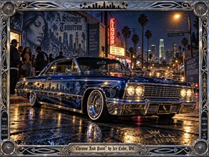 A gleaming blue lowrider dominates a wet Los Angeles boulevard at night, surrounded by palm trees, murals, neon storefronts, distant skyline lights, and watchful street figures. Chrome reflections, deep navy paint, amber lamps, and red neon create a proud, tense mood, rendered in richly detailed airbrushed realism within an ornate metallic frame.