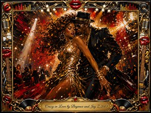 A glamorous couple dances closely beneath blazing golden stage lights, surrounded by swirling red, black, and metallic brushstrokes. The sensual, energetic scene resembles richly textured oil painting, with sparkling attire, deep shadows, and dramatic highlights. An ornate gold-and-chrome musical frame features red lips, microphones, records, instruments, and a central engraved title plate.