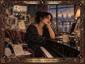 A reflective woman sits beside a glossy piano in a warmly lit room overlooking a rain-soaked city at dusk. Vintage photographs, handwritten notes, roses, records, and soft lamplight surround her, creating a tender, nostalgic mood. Rich browns, golds, blues, and painterly textures blend memory, solitude, romance, and quiet longing.