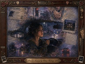 A young woman drives alone through a rainy suburban night, surrounded by fading memories of love, handwritten notes, photographs, and glowing streetlights. Cool blues, violets, and silver reflections contrast with warm amber highlights. Layered oil, acrylic, and watercolor textures create a tender, nostalgic collage framed in ornate rosewood and gold.
