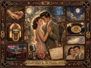 A tender 1950s couple slow-dances beneath moonlit windows, surrounded by fading romantic memories in ornate rosewood frames. Warm amber, sepia, blush, and midnight-blue tones glow through painterly oil and watercolor textures. Vintage records, jukeboxes, roses, feathers, microphones, stars, and golden inlay create a dreamy, nostalgic atmosphere.
