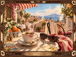 A sunlit Mediterranean rooftop cafe centers on a steaming espresso cup marked with lipstick, surrounded by sunglasses, citrus, flowers, and a draped scarf. Warm gold, coral, cream, and blue tones glow beneath soft coastal light. Painterly brushwork, ornate framing, distant domes, sea, mountains, and heart-shaped steam create a playful, glamorous mood.