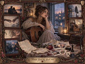 A wistful woman rests beside an acoustic guitar near a rain-streaked window, surrounded by faded framed memories, letters, roses, photographs, playing cards, and chess pieces. Warm amber candlelight contrasts with cool blue-gray rain, while sepia, dusty rose, and cream tones create a nostalgic, romantic collage rendered in richly textured painterly detail.