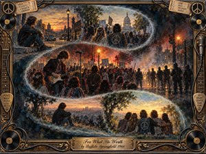 A richly textured painted montage evokes 1960s unrest, with young protesters, musicians, police lines, and peaceful gatherings flowing through a luminous S-shaped composition. Warm amber sunsets contrast with smoky blues, fiery reds, and shadowed streets. Ornate guitar-and-vinyl framing, peace symbols, vintage tickets, and an engraved title plate deepen the nostalgic atmosphere.