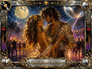 A romantic couple dances beneath a glowing moon and mirrored disco ball at a vibrant nighttime festival. Rich gold, blue, amber, and violet tones shimmer across the scene, creating a dreamy, celebratory mood. Painterly textures, sparkling lights, dancing silhouettes, chrome details, vinyl records, musical symbols, and an ornate engraved frame complete the composition.