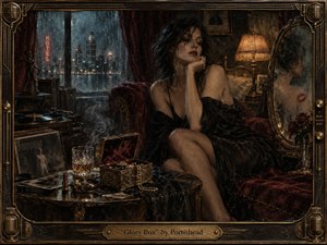 A solitary woman sits in a dim, rain-soaked hotel room, surrounded by velvet, tarnished brass, records, smoke, and scattered keepsakes. Deep burgundy, amber, and charcoal tones create a sensual, melancholic mood. Warm lamplight contrasts with the cold city beyond, giving the richly textured, noir-inspired scene intimate cinematic depth.