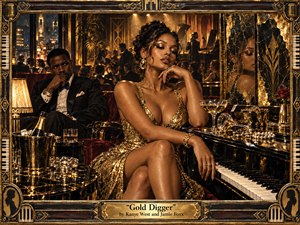 A glamorous woman in a shimmering gold dress commands a lavish Art Deco jazz lounge, while a sharply dressed man watches from the shadows. Warm amber lighting, black lacquer, brass, mirrors, champagne, pearls, and piano keys create a seductive atmosphere of wealth, desire, suspicion, and emotional tension within an ornate handcrafted frame.