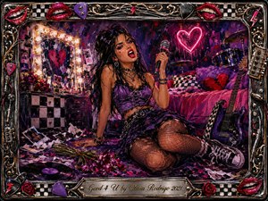 A rebellious young singer grips a microphone in a chaotic pop-punk bedroom, surrounded by scattered photos, crushed roses, vinyl records, a purple guitar, drums, and glowing neon hearts. Vivid magenta, violet, red, and black tones blaze beneath theatrical lighting, while an ornate chrome-and-gold frame adds glamorous, edgy intensity.