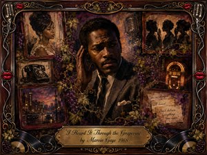 A troubled man in a 1960s suit listens anxiously amid fading memories, whispered secrets, grapevines, telephones, and glowing music relics. Rich burgundy, purple, amber, and gold tones create a smoky, dramatic atmosphere. Layered oil, acrylic, and watercolor textures blend nostalgia with heartbreak, framed by ornate rosewood, chrome, records, microphones, and vines.