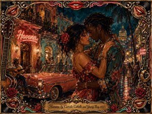 A passionate couple embraces on a glowing Havana street, surrounded by colonial balconies, palm shadows, a coral vintage convertible, musicians, and lively nightlife. Warm amber, red, turquoise, and deep teal tones create a sultry romantic mood. Rich oil, acrylic, and watercolor textures blend with neon reflections, roses, gold filigree, and musical frame details.