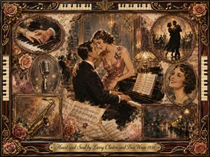 A glamorous 1930s jazz romance unfolds around a piano, where an elegantly dressed couple shares an intimate moment beneath warm golden city lights. Faded portraits, dancing silhouettes, sheet music, roses, a vintage microphone, and saxophone form a nostalgic collage, framed in dark rosewood, piano keys, and ornate gold detailing.