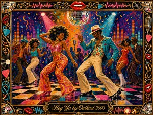 A vibrant retro disco scene captures stylish dancers moving beneath a glittering mirror ball, surrounded by colorful equalizer patterns, confetti, and dramatic stage lights. Rich oranges, blues, pinks, and golds create an exuberant mood. Thick painterly textures, expressive poses, and an ornate music-themed frame emphasize playful funk energy and celebration.
