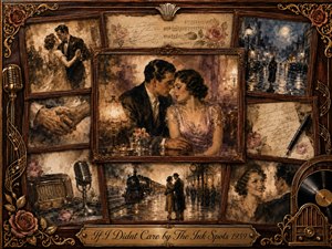 A nostalgic 1930s romance unfolds through layered rosewood-framed memories of an elegant couple, rainy streets, dancing, handwritten letters, trains, microphones, radio, and vinyl. Warm sepia, bronze, cream, and dusky rose tones glow beneath soft lamplight, while painterly textures, ornate gold details, roses, and the engraved title plate deepen the tender mood.