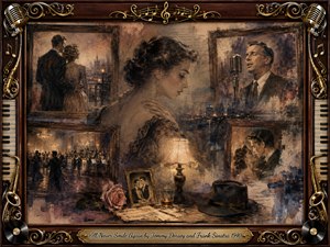 A wistful woman dominates a sepia-toned collage of fading romance, surrounded by framed memories of dancing, embraces, and a lone vintage singer. Warm lamplight, smoky blues, muted browns, roses, photographs, and sheet music create nostalgic melancholy. Ornate rosewood, brass instruments, piano keys, records, and gold filigree complete the painterly frame.