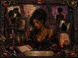 A richly textured noir collage centers on a contemplative woman holding a wine glass amid faded romantic portraits, roses, vinyl records, handwritten notes, and rain-soaked motel lights. Deep burgundy, black, bronze, and muted gold create a seductive, dangerous mood, while ornate metallic framing, glowing highlights, and distressed painterly surfaces suggest love, jealousy, memory, and revenge.