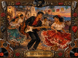 A vibrant 1950s seaside fiesta bursts with dancing, live music, and youthful energy as a charismatic guitarist leads the celebration. Warm sunset golds, fiery reds, turquoise dresses, and glowing lanterns create a joyful romantic mood. Rich oil-painted textures, swirling skirts, roses, guitars, records, and ornate musical framing heighten the nostalgic rhythm.
