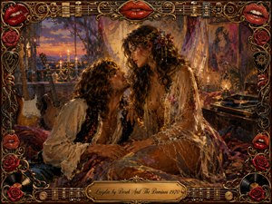 A passionate bohemian couple shares an intimate candlelit moment in a richly decorated room overlooking a glowing sunset. Warm amber, crimson, and violet tones dominate the romantic oil-painted scene. Guitars, vinyl records, roses, ornate gold details, and vivid red lips form an elaborate musical frame around the tender central composition.
