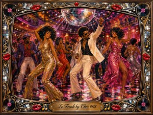 A vibrant 1970s disco scene bursts with dancers in shimmering gold, white, and hot pink beneath a dazzling mirror ball. Warm amber, magenta, and violet lights illuminate the crowded dance floor. Rich painterly textures heighten the energetic mood, while an ornate chrome-and-gold frame features vinyl records, red lips, mirrored tiles, and musical motifs.