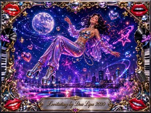 A glamorous dancer floats above a glowing disco floor beneath a star-filled cosmic sky, radiating playful confidence and romantic energy. Neon pinks, purples, blues, and gold shimmer across her iridescent clothing, city lights, planets, and hearts. An ornate chrome-and-gold musical frame, vinyl records, microphones, keyboards, and bright red lips complete the vibrant fantasy.