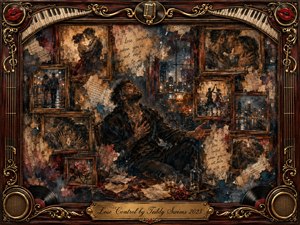 A heartbroken man sits amid a haunting collage of faded romantic memories, framed by rosewood, gold filigree, piano keys, vinyl records, speakers, and red lips. Warm amber light contrasts with smoky blues and charcoal shadows. Textured oil, acrylic, and watercolor effects create a soulful, nostalgic atmosphere of longing and emotional surrender.