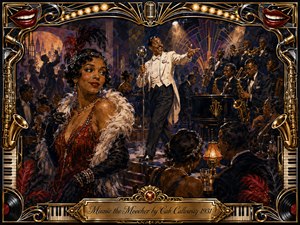 A glamorous 1930s Harlem nightclub glows with smoky amber light as a charismatic bandleader commands the stage beside a lively jazz orchestra. A stylish woman in a red sequined dress dominates the foreground. Rich blacks, golds, reds, and brass tones create theatrical warmth, framed by ornate Art Deco musical motifs and vintage glamour.
