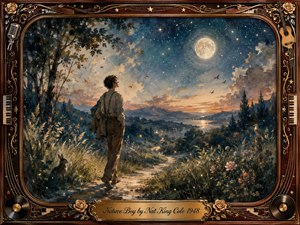 A solitary young wanderer pauses on a moonlit woodland path overlooking distant mountains and shimmering water beneath a star-filled sky. Soft blues, amber twilight, and glowing gold create a dreamy, contemplative mood. Painterly textures, roses, wildlife, musical motifs, and an ornate rosewood-and-gold frame evoke timeless romantic nostalgia.
