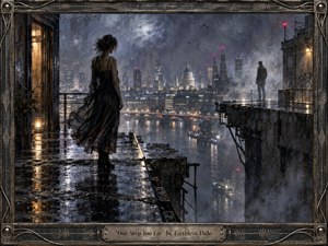 A solitary woman in a dark flowing dress stands on a rain-soaked rooftop overlooking a luminous city, separated from a distant man across a dangerous gap. Moody blue-gray tones, warm window light, mist, reflections, and red tower beacons create emotional tension. Textured painterly realism and an industrial metal frame deepen the nocturnal atmosphere.