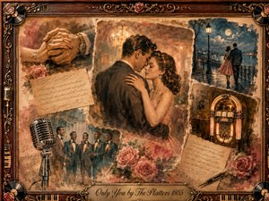 A tender 1950s romance unfolds in a nostalgic framed collage, centered on a couple embracing beneath warm golden light. Faded letters, roses, a moonlit promenade, vintage microphones, singers, records, and a glowing jukebox surround them. Sepia, blush, and amber tones create a dreamy oil-painted atmosphere of devotion and memory.