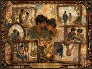 A tender romantic couple rests at the heart of a nostalgic memory collage, surrounded by vintage rosewood frames capturing quiet moments of dancing, walking, laughter, and hand-holding. Warm amber, cream, and muted floral tones glow under soft golden light, blending oil-paint textures with watercolor softness, ornate gold inlays, records, instruments, and roses.