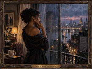 A solitary woman stands beside a rain-streaked window overlooking glowing London at dusk, her reflection doubling the sense of distance and longing. Warm amber lamplight contrasts with cool blue-gray skies and wet streets. Rich painterly textures, soft highlights, intimate details, and an ornate dark frame create a melancholic, elegant atmosphere.