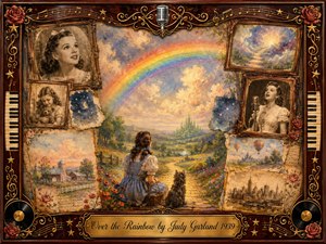 A nostalgic mixed-media collage surrounds Dorothy and Toto gazing toward a luminous rainbow, golden road, and distant emerald city beneath glowing clouds. Sepia portraits, childhood memories, roses, records, piano keys, and musical ornaments frame the scene. Warm gold, blue, and rose tones create a tender, dreamlike, vintage storybook atmosphere.