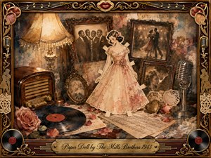 A nostalgic paper doll in a flowing rose-pink gown stands amid sepia photographs, sheet music, roses, a vintage radio, vinyl record, and chrome microphone. Warm amber lamplight softens the richly layered collage, while ornate gold-and-rosewood framing, musical details, and faded textures create a tender, romantic 1940s memory.