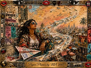 A stylish woman in sunglasses sits above a dense, multicultural city as streams of paper airplanes spiral through the sky. Warm oranges, dusty blues, black, and gold create a rebellious urban mood. Layered collage textures, graffiti, travel stamps, posters, and glowing city light blend with an ornate music-themed frame.
