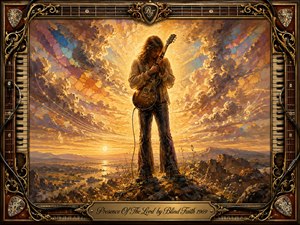 A solitary guitarist stands on a rocky hilltop beneath a radiant golden sky, embracing his instrument in quiet reflection. Warm amber, violet, and blue clouds surround him with spiritual light. Rich painterly textures evoke expressive oil painting, while an ornate musical frame of fretboards, keyboards, cables, gold filigree, and guitar picks completes the reverent scene.