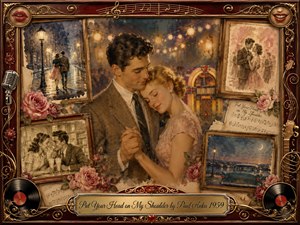 A tender 1950s couple embraces beneath glowing dance lights, surrounded by faded romantic memories in rosewood frames. Warm amber, rose, cream, and midnight blue tones create a dreamy nostalgic mood. Painterly textures, roses, vinyl records, sheet music, a jukebox, and ornate gold detailing evoke timeless young love.