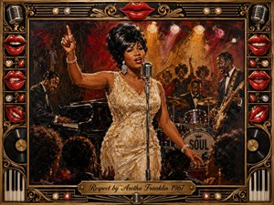 Aretha Franklin commands a vibrant soul stage, singing confidently into a vintage microphone with one hand raised as musicians and dancers surround her. Rich reds, golds, blacks, and warm amber spotlights create an electrifying atmosphere. Thick impressionistic brushwork enhances the drama, while ornate chrome-gold framing, red lips, records, piano keys, and musical details celebrate timeless power and glamour.