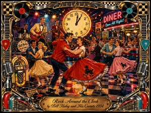 A jubilant 1950s sock hop fills a neon-lit diner, where laughing couples whirl across a glossy checkerboard floor beneath a glowing midnight clock. Vivid reds, turquoise, gold, and chrome energize the acrylic-style scene, while a lively band, jukebox, vinyl records, microphones, and ornate musical frame celebrate rock-and-roll excitement.
