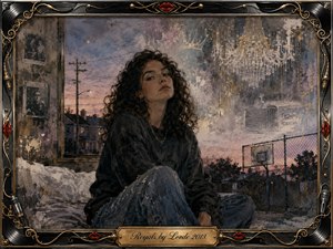 A self-assured young woman sits against a dusky suburban backdrop, surrounded by ghostly symbols of luxury including a chandelier, crown, gold chains, and elegant car. Muted charcoal, mauve, dusty blue, and gold tones create a rebellious, reflective mood, while textured mixed-media brushwork and an ornate music-inspired frame complete the scene.
