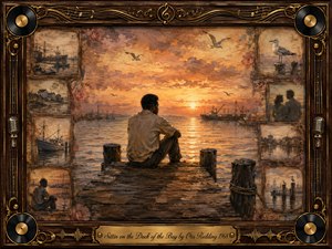 A solitary man sits at the end of a weathered dock, gazing across a calm harbor toward a glowing sunset. Warm amber, rose, and gold tones create a reflective, nostalgic mood. Painterly textures, distant ships, soaring gulls, faded memory vignettes, and an ornate music-themed frame enrich the soulful composition.