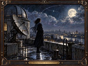 A solitary woman stands beside a weathered rooftop observatory, gazing across a moonlit city as a tiny satellite arcs through the starry sky. Deep blues, silver clouds, warm urban lights, and wet reflective surfaces create a wistful, nocturnal mood. Painterly textures, aged machinery, ornate framing, and celestial details evoke longing, distance, and wonder.