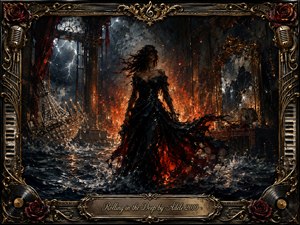 A solitary woman in a flowing black gown stands amid flooding water and fiery ruins inside a shattered grand hall. Storm lightning, broken chandeliers, cracked mirrors, and glowing embers create a fierce, wounded mood. Deep blues, charcoal, crimson, and gold dominate the dramatic oil-painted scene, enclosed by an ornate music-themed frame.