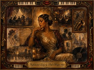 An elegant jazz-age woman in a shimmering gown sits amid a nostalgic nightclub collage of musicians, saxophones, piano keys, sheet music, city lights, and vintage recordings. Warm amber, bronze, and deep brown tones glow beneath smoky spotlights. Painterly textures, rosewood framing, gold ornamentation, and faded memories create refined, romantic sophistication.