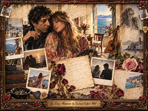 A tender bohemian couple leans together within a nostalgic Mediterranean memory collage, surrounded by faded photographs, aged letters, roses, an acoustic guitar, and seaside views. Warm amber, sepia, dusty rose, and blue tones glow in soft sunlight. Painterly mixed-media textures and an ornate rosewood-and-gold frame create a romantic, bittersweet atmosphere.