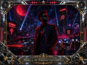 A mysterious starboy stands beneath a crimson moon in a futuristic neon city, surrounded by gleaming skyscrapers, a sleek muscle car, and a robotic helmet. Deep blues, blacks, chrome, gold, and electric reds create a glamorous, nocturnal mood, while dramatic spotlights and reflections intensify the richly detailed painted composition.
