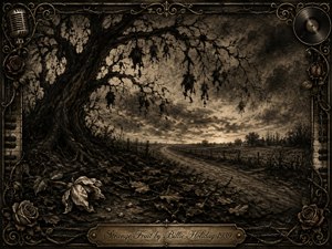 A gnarled tree looms over a lonely rural road beneath a brooding dusk sky, its dark hanging forms echoing grief and injustice. Deep charcoal textures, smoky sepia tones, and dim horizon light create a mournful atmosphere. Wilted flowers, fallen leaves, antique musical motifs, roses, and barbed-wire details enrich the ornate frame.